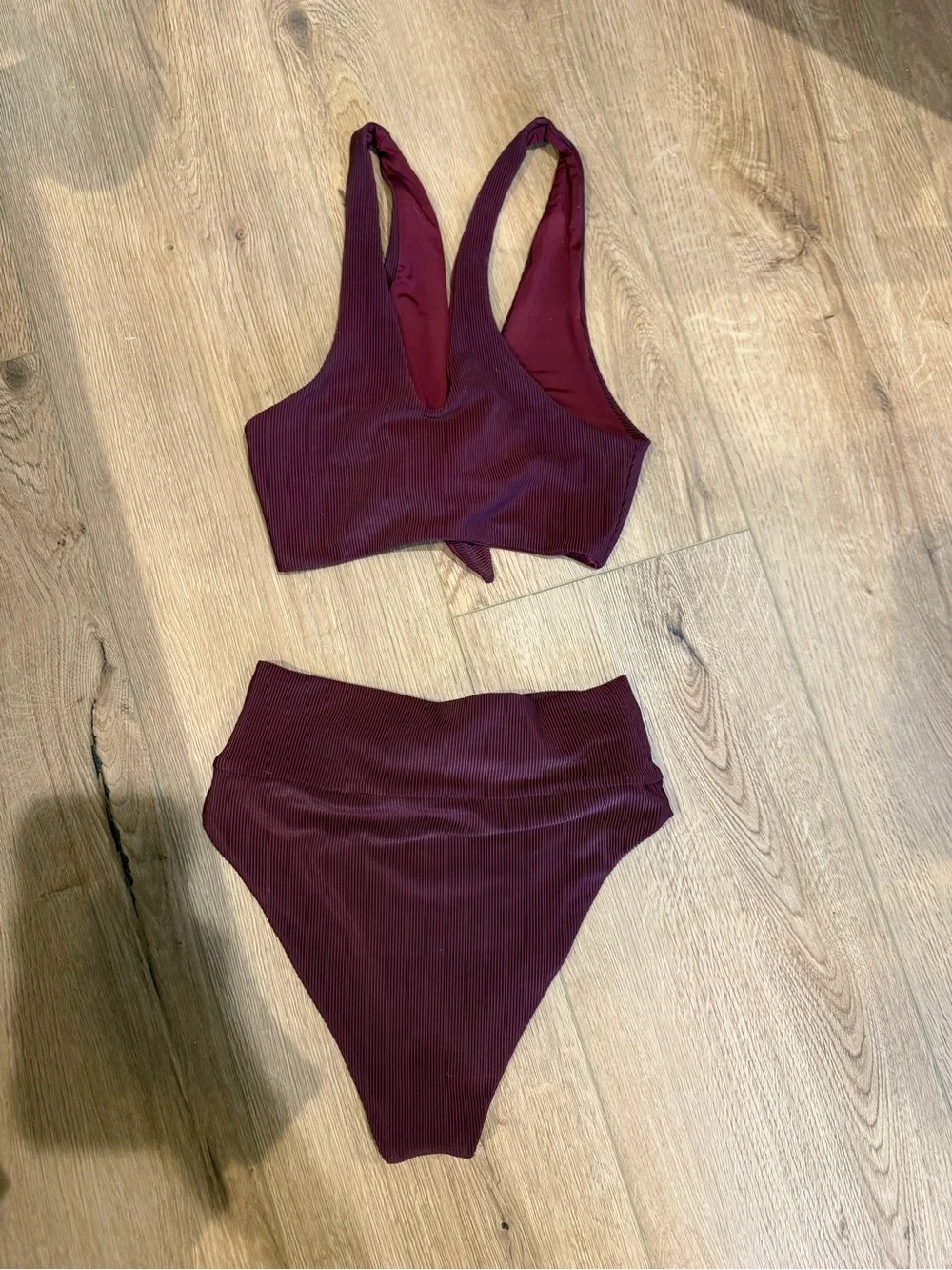 Beach Riot Ribbed Knot-Front Bikini in Deep Wine Dallas free people